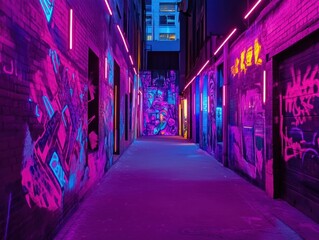 Fototapeta premium Neon-lit alleyway, urban art, night, city, vibrant background, website banner