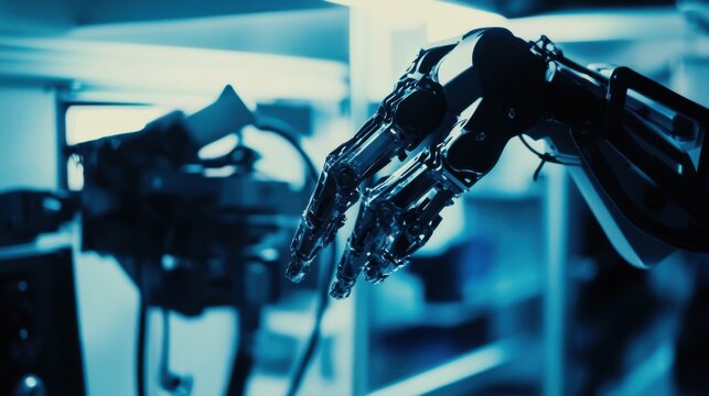 A close-up of engineers in a robotics lab programming robotic arms for industrial automation, Robotics automation scene, Futuristic and automated style