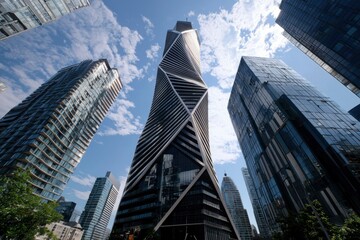 Obraz premium Modern twisted skyscraper on a sunny day, reflecting sunlight in a business district