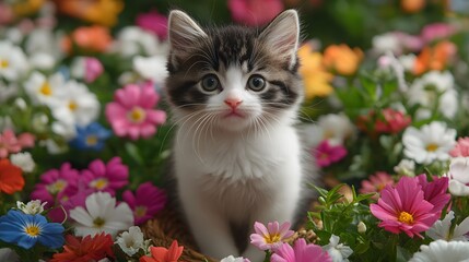Cat and field flowers