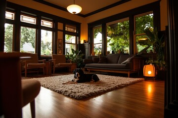 Fototapeta premium Dog resting on a rug in a cozy, stylish living room with a large garden view