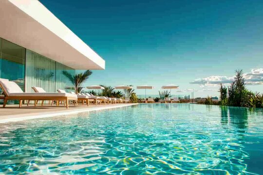 Tranquil pool with lounge chairs on a sunny day; luxury rooftop relaxing getaway