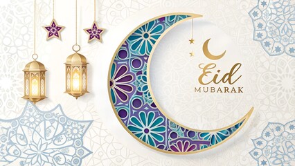 Naklejka premium Elegant Eid Mubarak Crescent Moon with Lanterns and Islamic Patterns