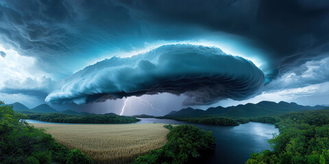 A stunning, dramatic landscape featuring a massive, ominous cloud hovering over a river and fields, illuminated by lightning in a dark, stormy sky.