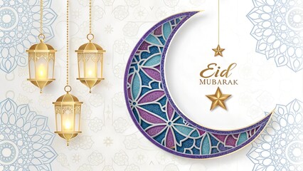 Elegant Eid Mubarak Crescent Moon with Lanterns and Islamic Patterns