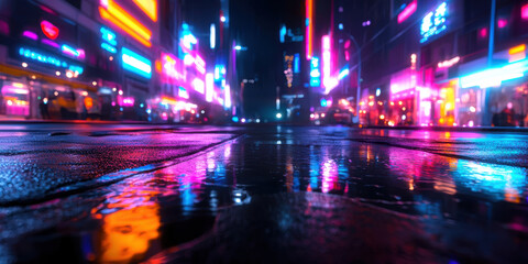 Obraz premium A vibrant urban scene at night, showcasing colorful neon lights and reflections on a wet street, creating a dynamic and lively atmosphere.