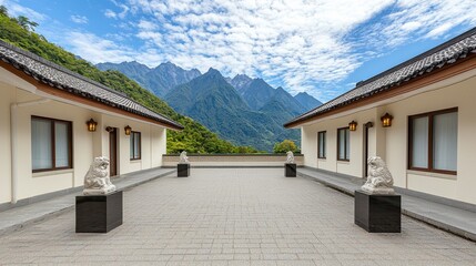 Serene Courtyard with Lion Statues Surrounded by Lush Mountains and Vibrant Blue Sky in Tranquil Setting