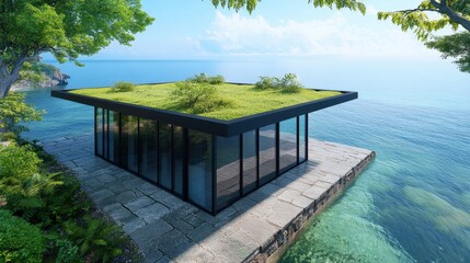 Obraz premium Modern glass house with green roof by calm blue water and lush greenery in serene natural landscape