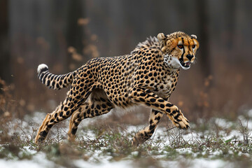 Fototapeta premium Cheetah running in snowy forest