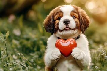 Commercial furry friend concept art. Cute saint bernard hound with diamond red heart on a walk in a spring park. Saint bernard - my beloved dog, symbol of friendship. Puppy kisses.
