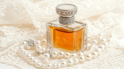 Elegant perfume bottle with jewelry on lace background, showcasing luxury and sophistication