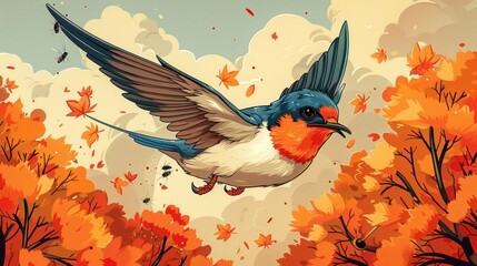 A vibrant illustration of a bird flying through colorful autumn trees.