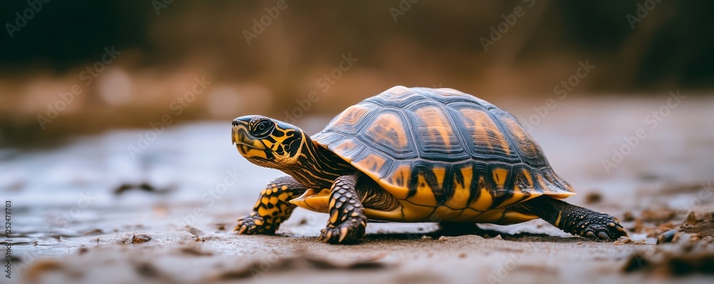Poster turtle walking on sandy pathway, vibrant shell patterns. nature and wildlife photography concept
