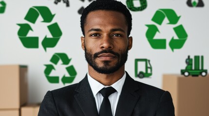 Businessman in Suit Against Green Recycling Symbols in Eco-Friendly Office Environment