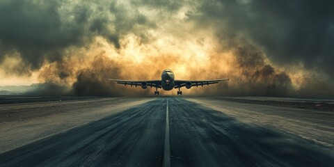 Passenger airplane landing on the runway during a sandstorm