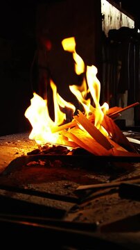 Burning fire at fireplace for blacksmith work