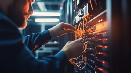 A close-up of technicians in a telecommunications data center maintaining server racks and fiber optic cables, Data center maintenance scene, Technological and secure style