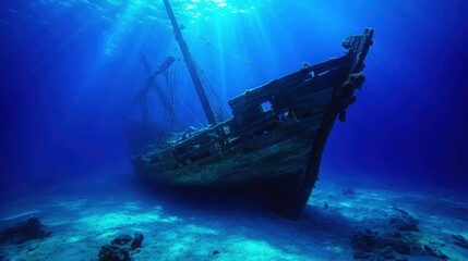 Sunlit shipwreck rests on ocean floor, coral reef background, underwater exploration