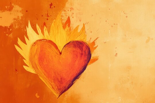 Fiery heart burning brightly against a textured orange background