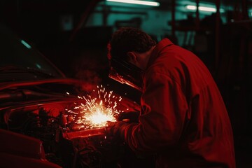 Welder repairs car in auto shop. Sparks fly. Vehicle hood up. Possible repair manual