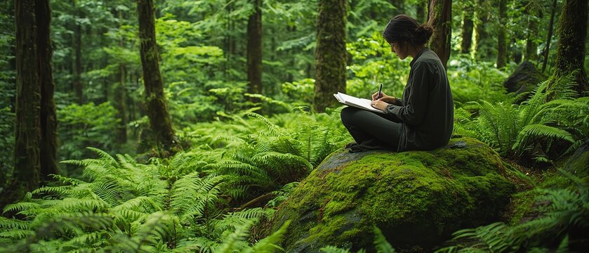 Person writing in a lush green forest.