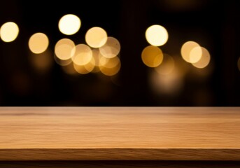 The clean, empty surface of a wooden table is highlighted in this image, with a blurred background and bokeh lights creating a soft, atmospheric effect
