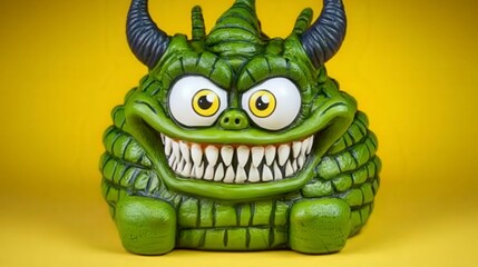 Obraz premium Cute Green Monster Figure with Big Eyes and Horns on Bright Yellow Background
