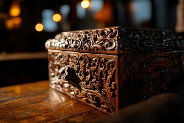 Ornate wooden box on a table, interior location, blur background, decor, storage