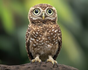 Fototapeta premium Baby Owl with Huge Innocent Eyes and Fluffy Feathers Perched on a Branch