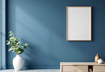 A photo frame on a modern wall with a matte blue finish and a plant creating a warm and inviting ambiance