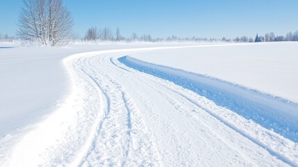 Snowy winter trail through a field.  Possible use  Stock photo for winter sports, nature, travel, or outdoor activities