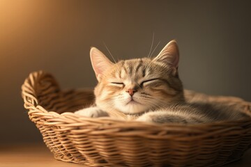 Adorable fluffy kitten sleeping comfortably in a cozy basket with soft lighting, showcasing its delicate fur and peaceful, relaxed expression