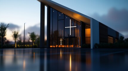 Modern Church Architecture at Dusk: A Serene Sanctuary