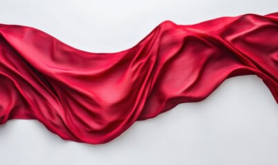 Red silk fabric flowing on white background; elegance, luxury, design, texture