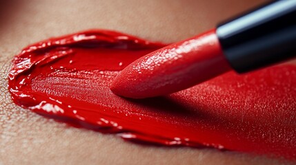 Obraz premium Closeup of Red Lipstick Application on Skin, Sensual Makeup Texture, Beauty Product Detail Shot
