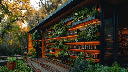 Autumnal park library, bookshelves, plants, wooden deck, fall foliage