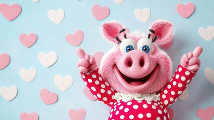 Fototapeta premium Cheerful cartoon pig character with hearts in playful background
