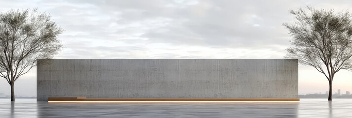 Minimalist architectural design features a concrete wall and trees amidst an overcast sky