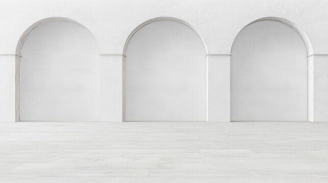 Minimalist interior design with three arches creating an open space in a modern environment