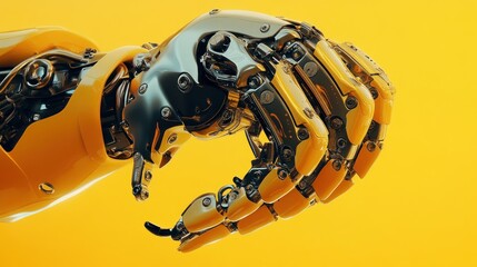 Robotic hand gesture, yellow background, technology concept