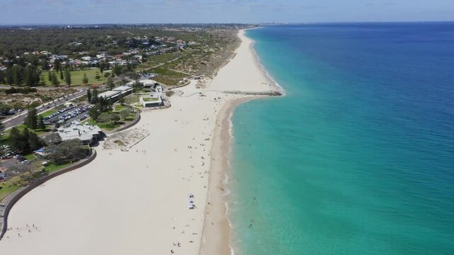Aerial view of Hamptons city beach in summer with people, Perth, Western Australia