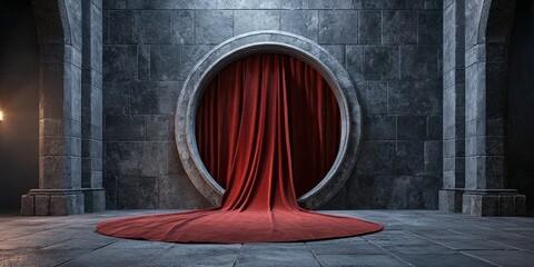 A circular stone doorway with red curtains creates a dramatic entrance, set against a dimly lit, textured stone wall.