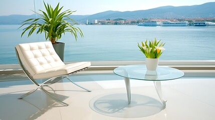 Modern chair and glass table with ocean view.