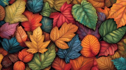 Fototapeta premium Pile of Colorful Autumn Leaves Featuring Red Orange Yellow and Green Hues Rich Texture and Detailed Veins Perfect for Seasonal Backgrounds