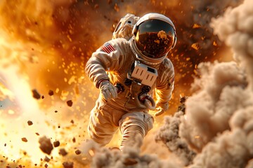 Fototapeta premium Heroic Astronaut Navigating Explosive Space Adventure with Determination