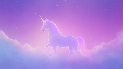 National Unicorn Day banner with pastel purple to light blue gradient, a shining white unicorn with a golden horn standing gracefully in the middle