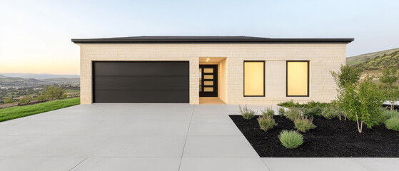 Modern home exterior with minimalist design in a scenic landscape during golden hour