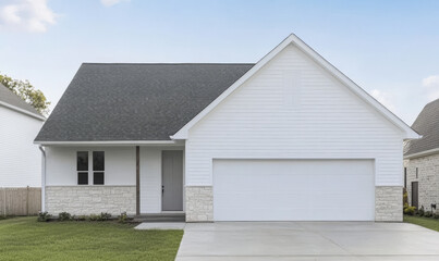 Fototapeta premium Modern single-story house with stone accents in a suburban neighborhood during daytime
