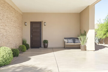 Front porch with modern decor and plants in a serene outdoor space