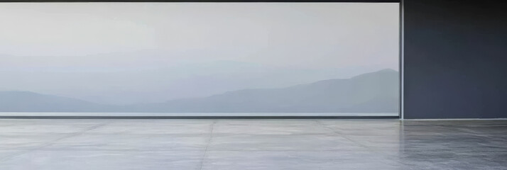 Modern interior space with panoramic windows showcasing serene mountain view at dawn